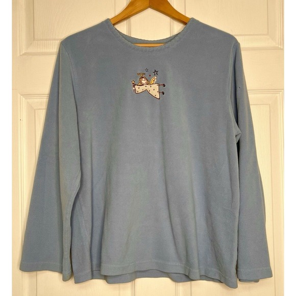 VTG Womans L Blue Fleece Sweater Embroidered Angel Ski Grandmacore Cozy Cute - Picture 1 of 7